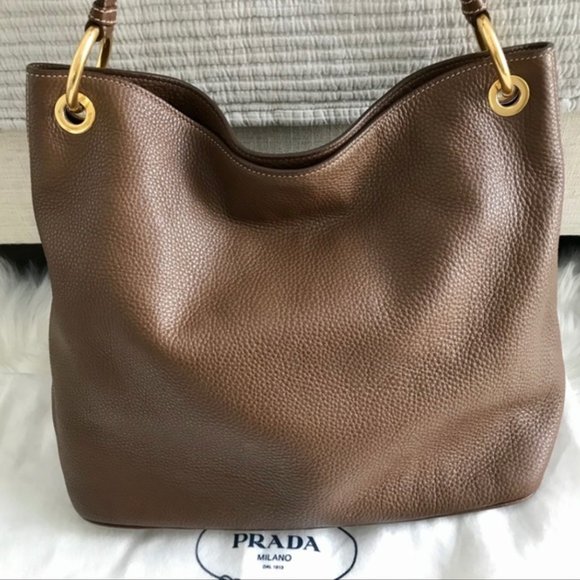 PRADA Brown and Gold Vitello Daino Leather Hobo Bag - Picture 6 of 15